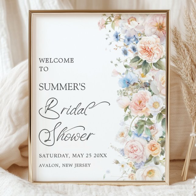 Affiche Douce Robe de Mariée Pastel Rose Blanc Bleu Floral (vintage-shabby-chic-floral-blush-white-ivory-blue-flowers-roses-garden-bridal-shower-welcome-sign)