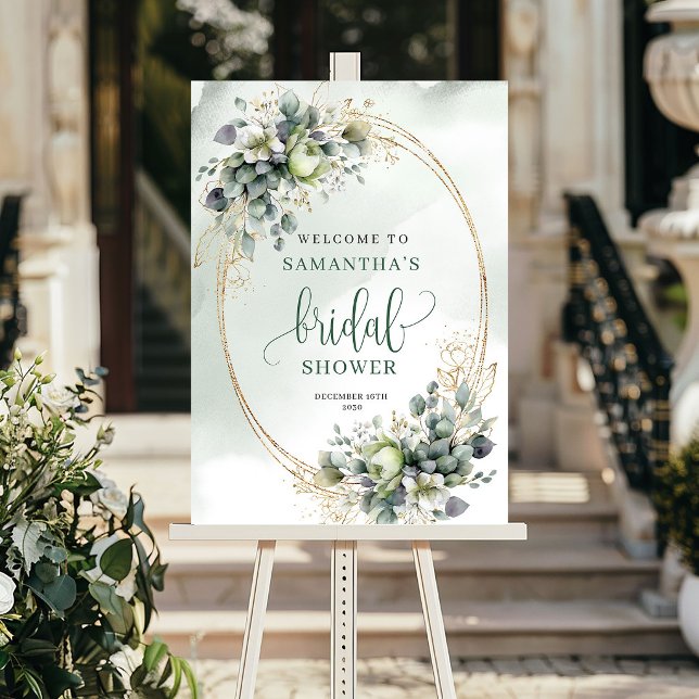 Affiche Douce Romantique Verdure Or Bienvenue Mariage   (Soft Romance Greenery Gold Bridal Shower Welcome Sign)