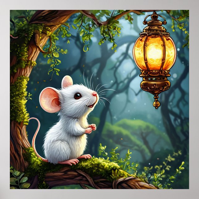 Affiche 🐭🏮 Douce Souris Blanche Lanterne Nuit Art Conviv (Devant)