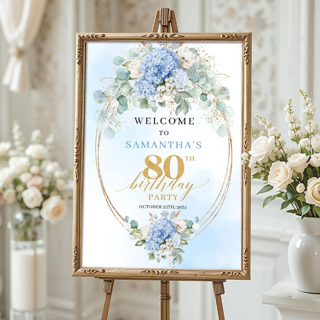 Affiche Douces hydrangeas bleues boho or 80 ans de bienven (Soft Blue Boho Gold Hydrangeas 80th birthday welcome)