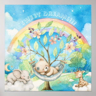 Affiche Douces Rêves Animaux Endormis Arc-en-ciel Nurserie