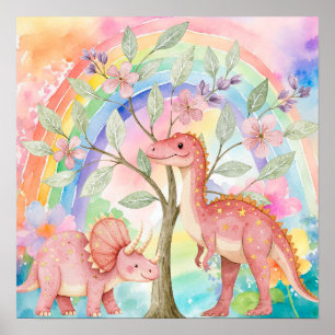 Affiche Douces Rêves Arc-en-Ciel Dinosaures Rose Nurserie 