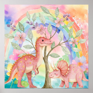 Affiche Douces Rêves Arc-en-Ciel Dinosaures Rose Pépinière