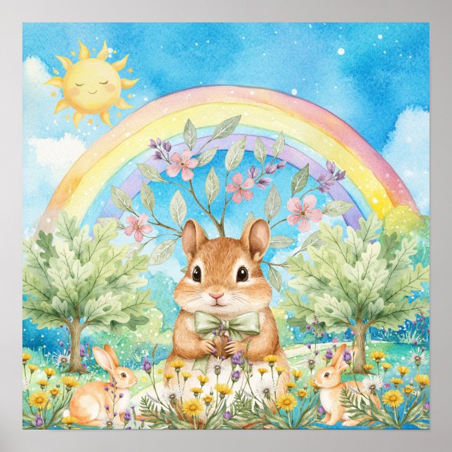Affiche Douces Rêves Arc-en-Ciel Écureuil & Lapins Nurseri (Devant)