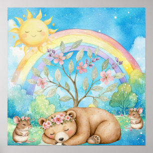 Affiche Douces Réves Arc-en-Ciel Ours Endormi & Souris Déc