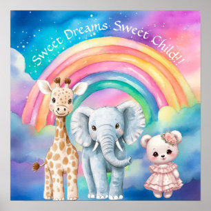 Affiche Douces Rêves Éléphant Arc-en-ciel et Girafe Nurser