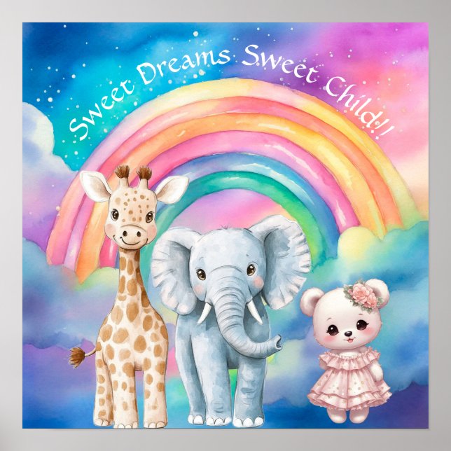 Affiche Douces Rêves Éléphant Arc-en-ciel et Girafe Nurser (Devant)
