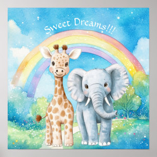 Affiche Douces Rêves Éléphant Arc-en-Ciel & Girafe Nursery