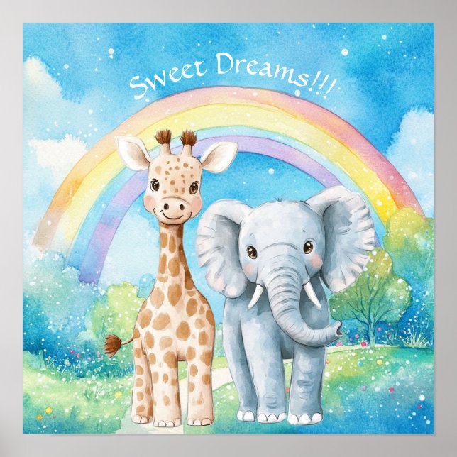 Affiche Douces Rêves Éléphant Arc-en-Ciel & Girafe Nursery (Devant)