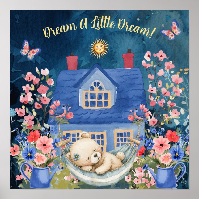 Affiche Douces Rêves Fleur Teddy Bear & Oiseaux Nursery  (Devant)