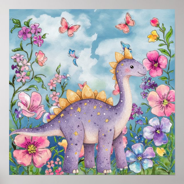 Affiche Douces Rêves Fleurale Pépinière Dinosaure Violet  (Devant)