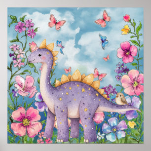 Affiche Douces Rêves Floral Dinosaure Violet Nursery