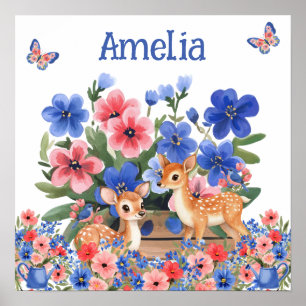 Affiche Douces Rêves Floral Renne & Oiseaux Nom de l'enfan