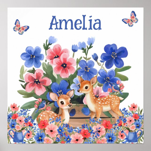 Affiche Douces Rêves Floral Renne & Oiseaux Nom de l'enfan (Devant)