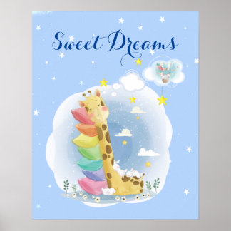 Affiche Douces rêves girafe endormi avec des lapins