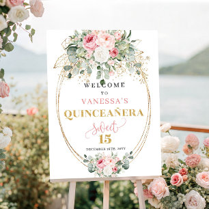 Affiche Douces roses carmin or vert feuillage quinzainera