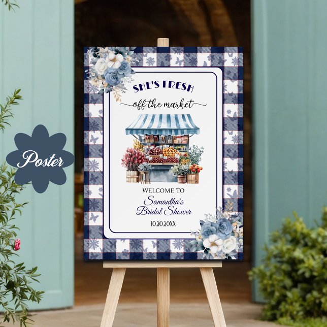 Affiche Douche Mariage Blue Gingham Hors du Marché  (Créateur téléchargé)