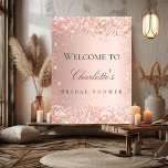 Affiche Douche nuptiale rose or rose bienvenue<br><div class="desc">Un poster de bienvenue pour une Fête des mariées glamour. Un doré rose,  arrière - plan de dégradé rose décoré de confettis. Personnalisez et ajoutez un nom. Retour : aucune conception</div>