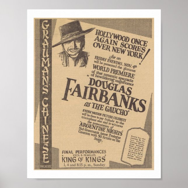 Affiche Douglas Fairbanks Première mondiale Gaucho 1927 (Devant)