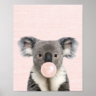 AFFICHE D'OURS KOALA SOUFFLANT UN BUBBLE GUM ROSE