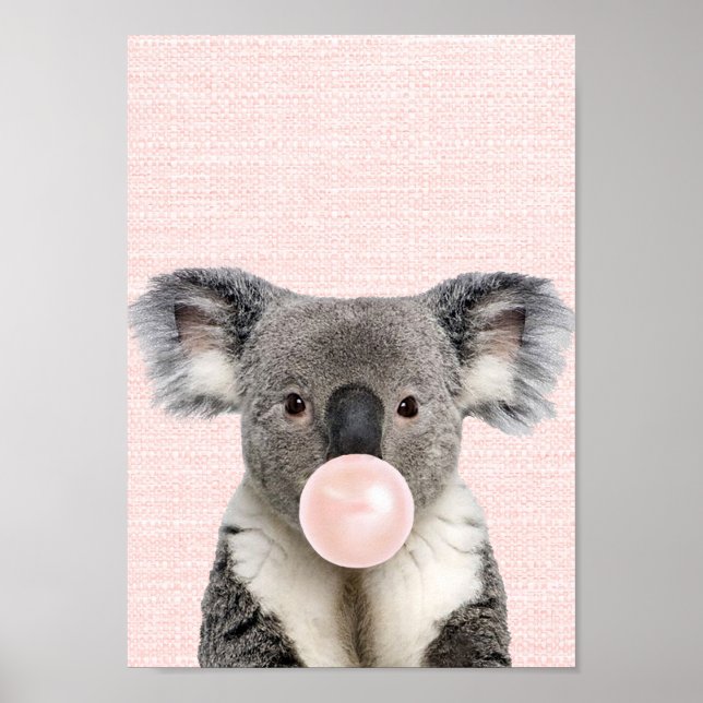 AFFICHE D'OURS KOALA SOUFFLANT UN BUBBLE GUM ROSE (Devant)