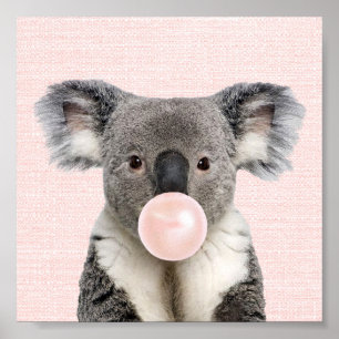 AFFICHE D'OURS KOALA SOUFFLANT UN BUBBLE GUM ROSE
