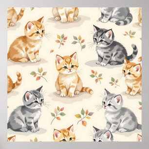 Affiche Doux Ginger et Chatons Gris Aquarelle Sans Couture