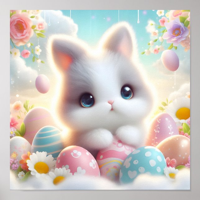 Affiche Doux œufs de Pâques pastel Kawaii chaton (Devant)