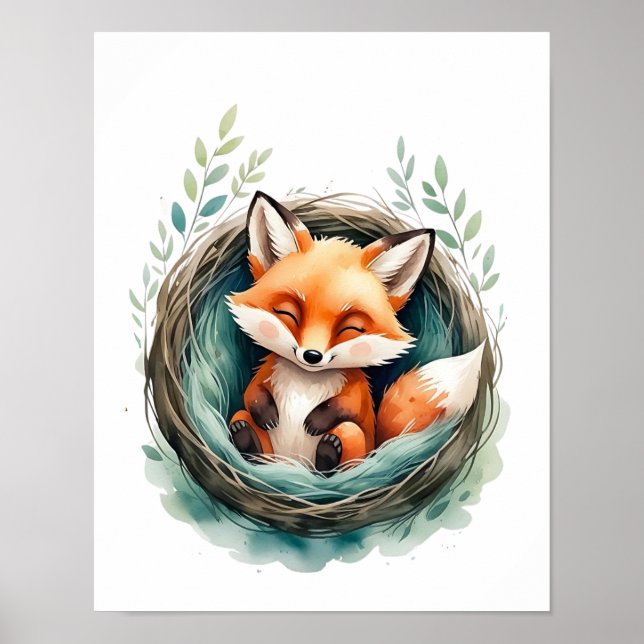 Affiche Doux Renard Endormi Illustration Aquarelle Nidée (Devant)