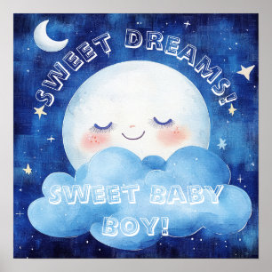 Affiche Doux Rêves Bébé Garçon Ciel de Nuit Bleu
