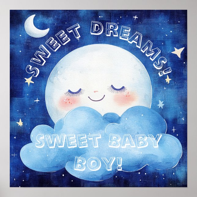 Affiche Doux Rêves Bébé Garçon Ciel de Nuit Bleu (Devant)