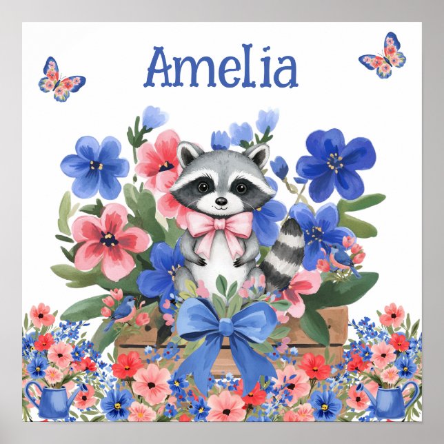 Affiche Doux Rêves Floral Bébé Raton Laveur & Nom de l'Enf (Devant)