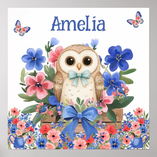 Affiche Doux Rêves Floral Chouette Bébé & Nom de l'Enfant  (Devant)