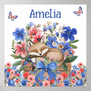 Affiche Doux Rêves Floral Renard Endormi & Nom de l'Enfant