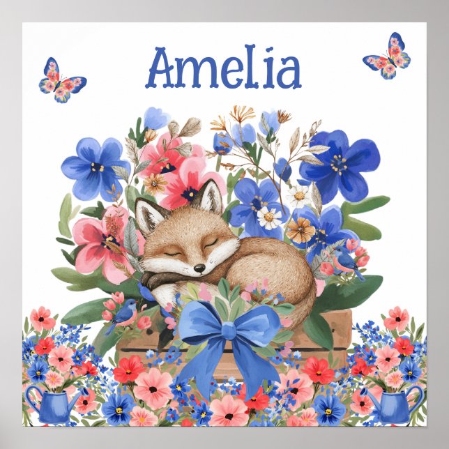 Affiche Doux Rêves Floral Renard Endormi & Nom de l'Enfant (Devant)