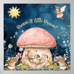 Affiche Doux Rêves Ours en Peluche Floral & Souris