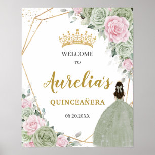 Affiche Doux Sage Vert rose Floral Quinceañera Bienvenue