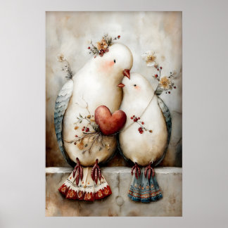 Affiche Doves Couple Wall Art, Romantic Dove Illustration