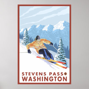 Affiche Downhhill Snow Skier - Stevens Pass, Washington