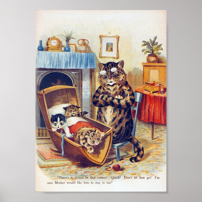 Affiche Dozing Cat and Baby Cat, Louis Wain (Devant)