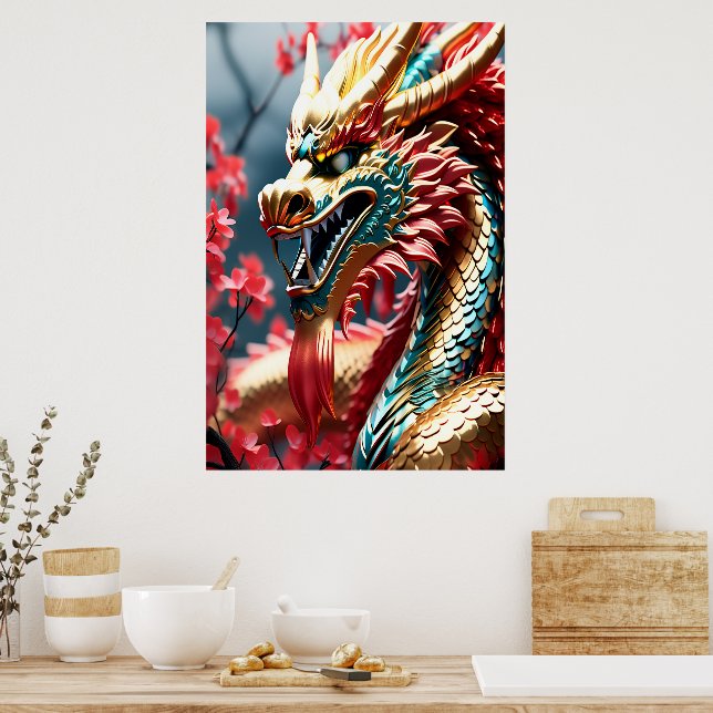 Affiche Dragon à respiration par feu balance or bleu et ro (Cuisine)