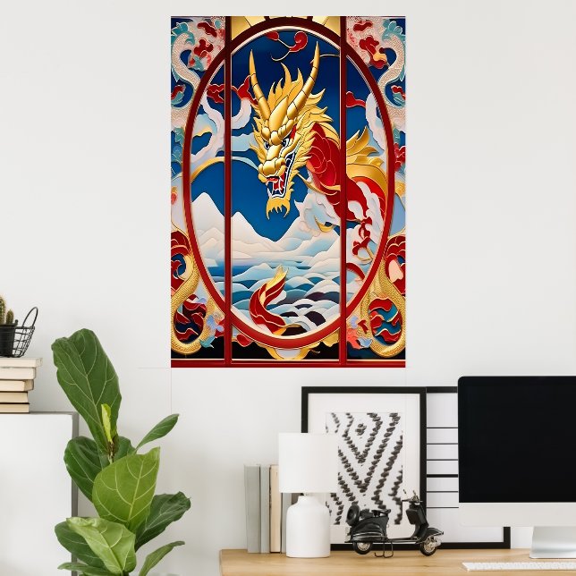 Affiche Dragon à souffle de feu Or et rouge (Bureau à domicile)