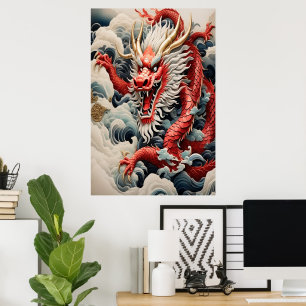 Affiche Dragon à souffle de feu rouge et blanc