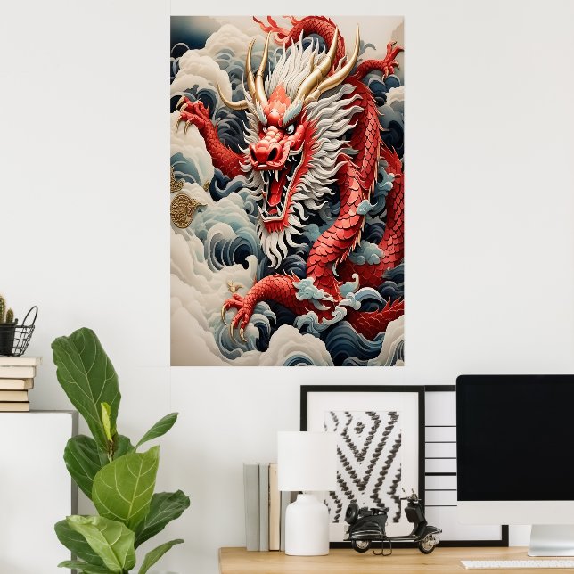 Affiche Dragon à souffle de feu rouge et blanc (Bureau à domicile)