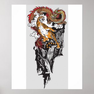 Affiche Dragon asiatique contre tigre. ART graphique