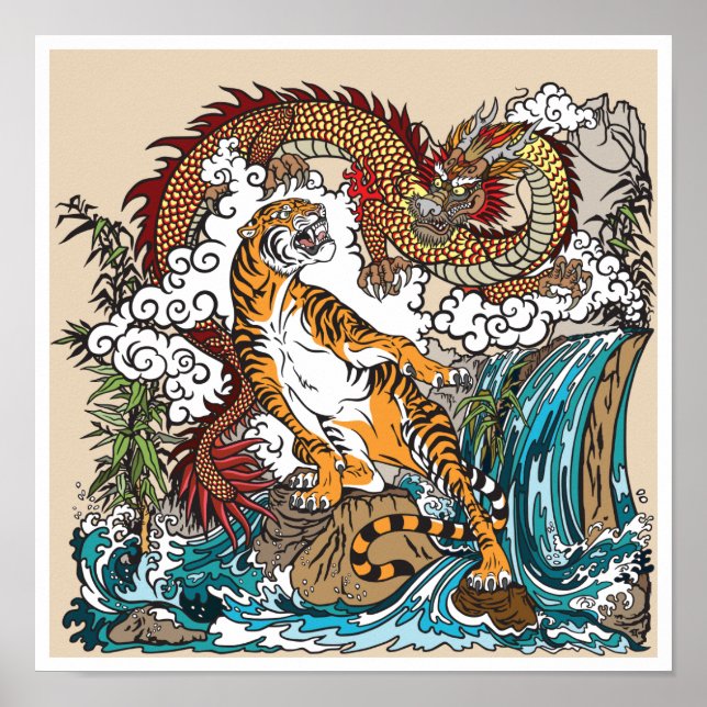 Affiche Dragon asiatique contre tigre. ART graphique (Devant)