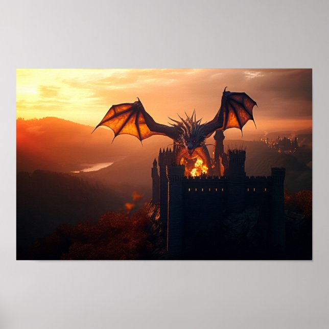 Affiche Dragon attaquant un château (Devant)
