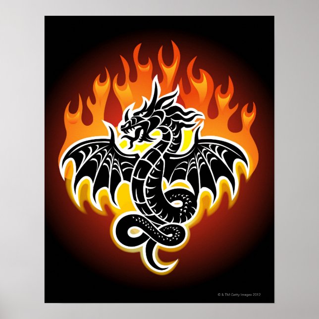 Affiche Dragon avec flammes en arrière - plan (Devant)