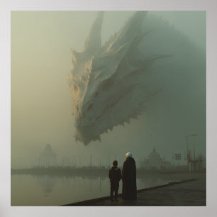 Affiche Dragon Blanc Géant au-Dessus de la Jetée de la Vil