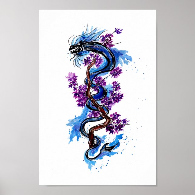 Affiche Dragon bleu et fleurs violettes (Devant)